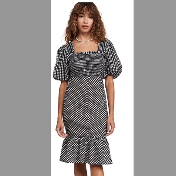 Authentic Ganni Seersucker Puff Sleeve Dress in Black (US Size 0)